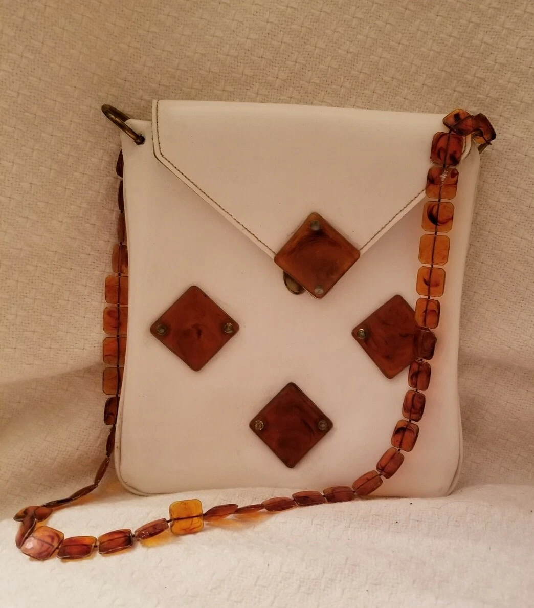 Vintage 1960 s White Vinyl Purse Plastic Tortoise Shell Accents Shoulder Strap