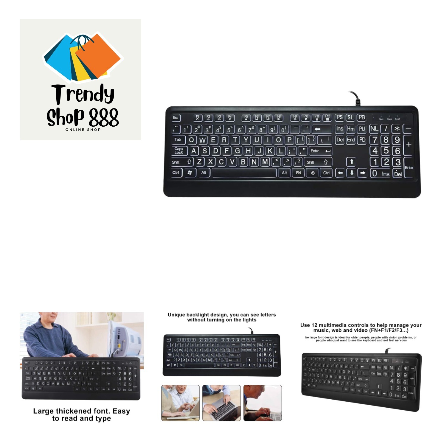 Large font keyboard large print usb keyboard with white led backlit