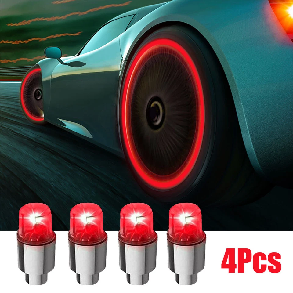 4Pcs Car Wheel Tire Tyre Air Valve Stem Cover Red LED Light Caps Accessories — 第 3/4 张图片