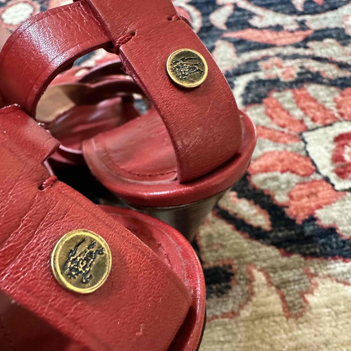 Burberry Red Leather Open Toe Ankle Strap Wedge Sandals | eBay display picture 1