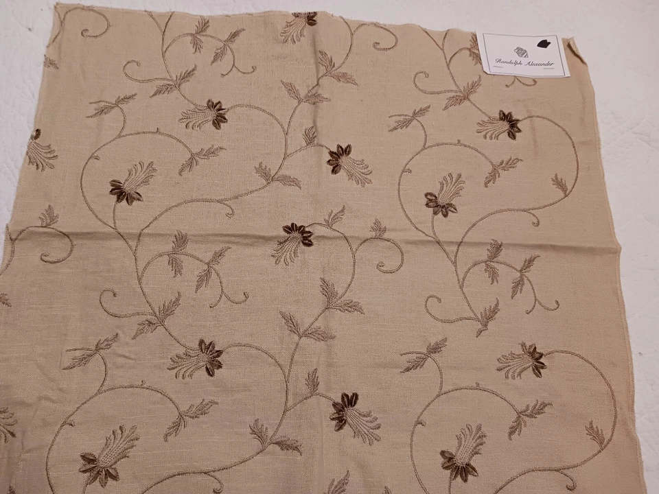 Randolph Alexander Linen Blend Floral Embroidered Fabric Samples Tan Blue Brown - Image 3 of 4