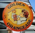 LARGE VINTAGE GOLDEN ORANGEADE PORCELAIN HEAVY METAL ORANGE Drink SIGN 24"
