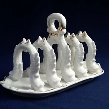 REPAIRED Old Paris Porcelain VTG White Figural Dolphin 4 Toast Rack Fish 1010