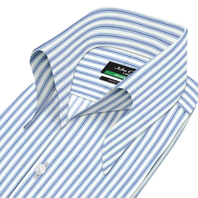 High Open Button Down Collar Buttonless Blue White Thin Stripes Men Casual Shirt