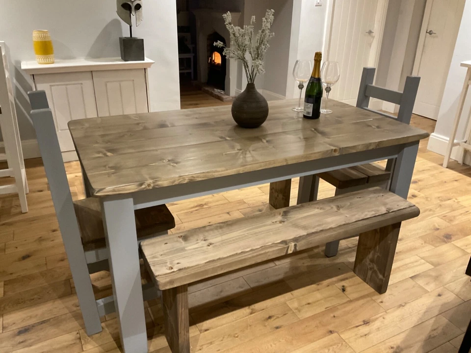 Farmhouse Style, Rustic Dining Table, 2 Chunky Chairs and 2 Benches - Image 3 of 4
