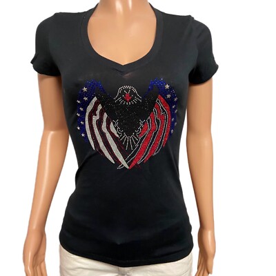 Black Eagle Bird Rhinestone bling v-neck T-shirt Top S/S Fitted Tee New July 4th