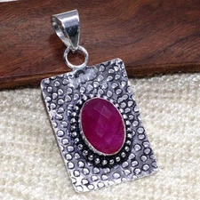 925 Silver Plated Simulated Ruby Pendant Handmade Jewelry Size 1.7" GW