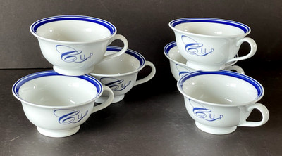 Pottery Barn White & Blue Striped Paragraph Coffee Cups Fluted 8 oz Set 6 Japan