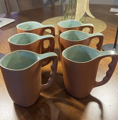 Rare 6 Glidden Pottery Mugs 202 Red Matte Teal Speckled Mid-Century Modern