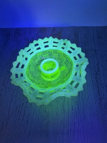 Vintage Fenton Basketweave Uranium Glass Candle Holder