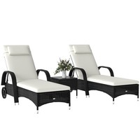 Outsunny 3 PCS Rattan Lounger Recliner Bed Garden Furniture Set w/ Side Table