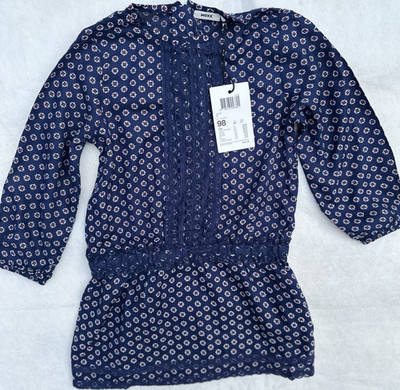 Mexx Mädchen Kleid Gr. 98 blau Blumen A-Linie Langarm Spitze Knopf knielang