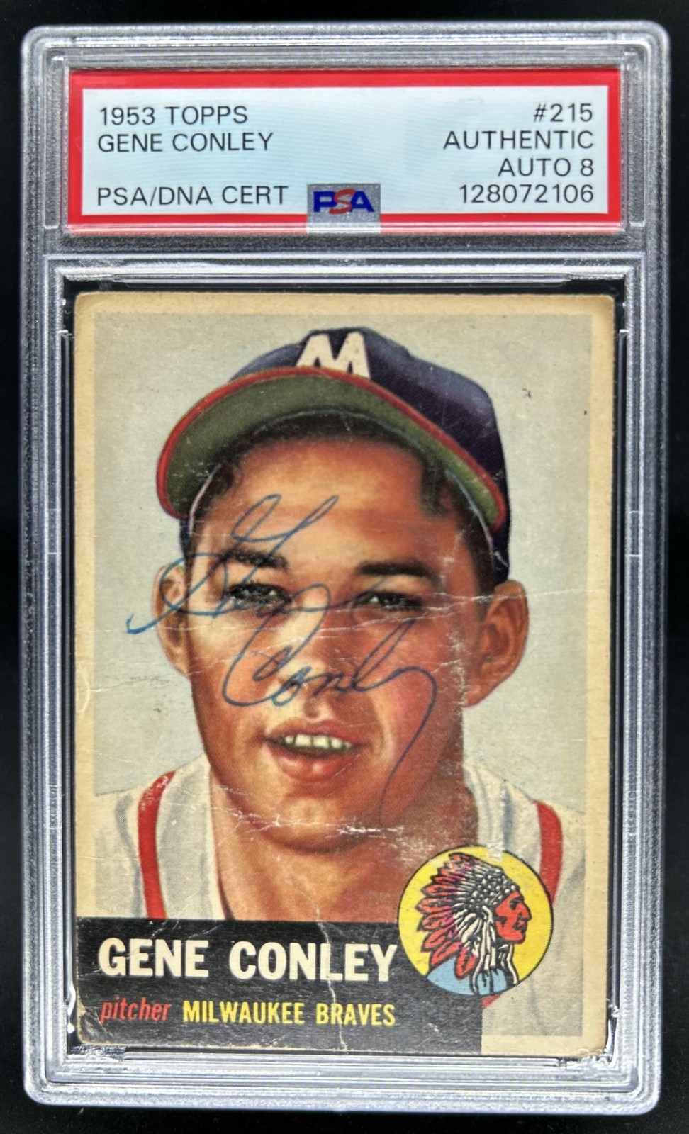 1953 Topps Gene Conley Rookie RC #215 Braves PSA Auto Autograph 8 view 1