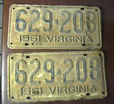 Vintage Pair Of 1961 VIRGINIA 629-208 Embossed License Plates