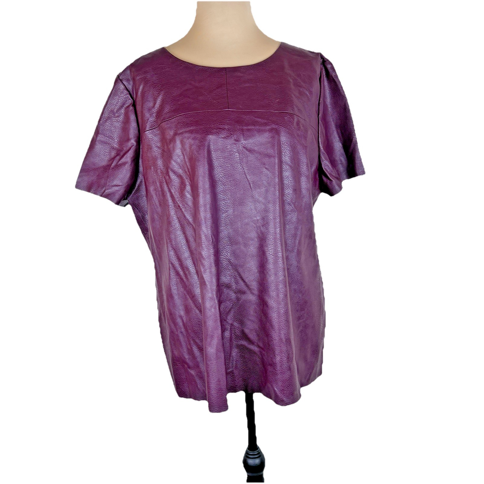 Chico's Women's Top Size 2 Large Burgundy Faux Leather Short Sleeve Shirt Blouse