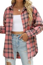 Womens Long Sleeve Button Down Flannel Plaid Shacket Business Casual Blouse Pink