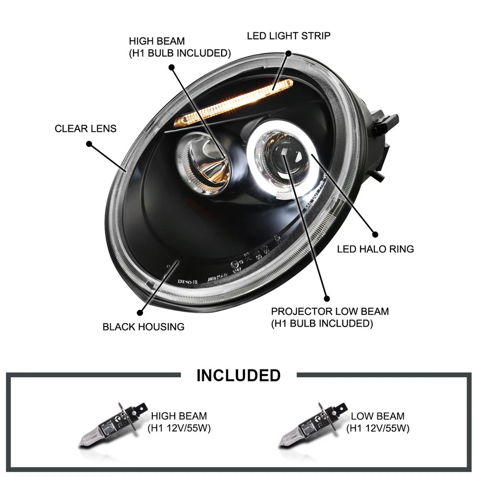 Black Fits 1998-2005 VW Volkswagen Beetle Halo Projector Headlights Left+Right Foto 3 de 4
