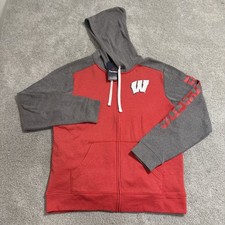 Wisconsin Badgers Hoodie Mens L Red Grey Full Zip Fanatics Hooded Sweatshirt NWT