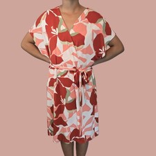 Nine West Floral Print Wrap Dress Red White Green Short Sleeve Tie Waist - XXL
