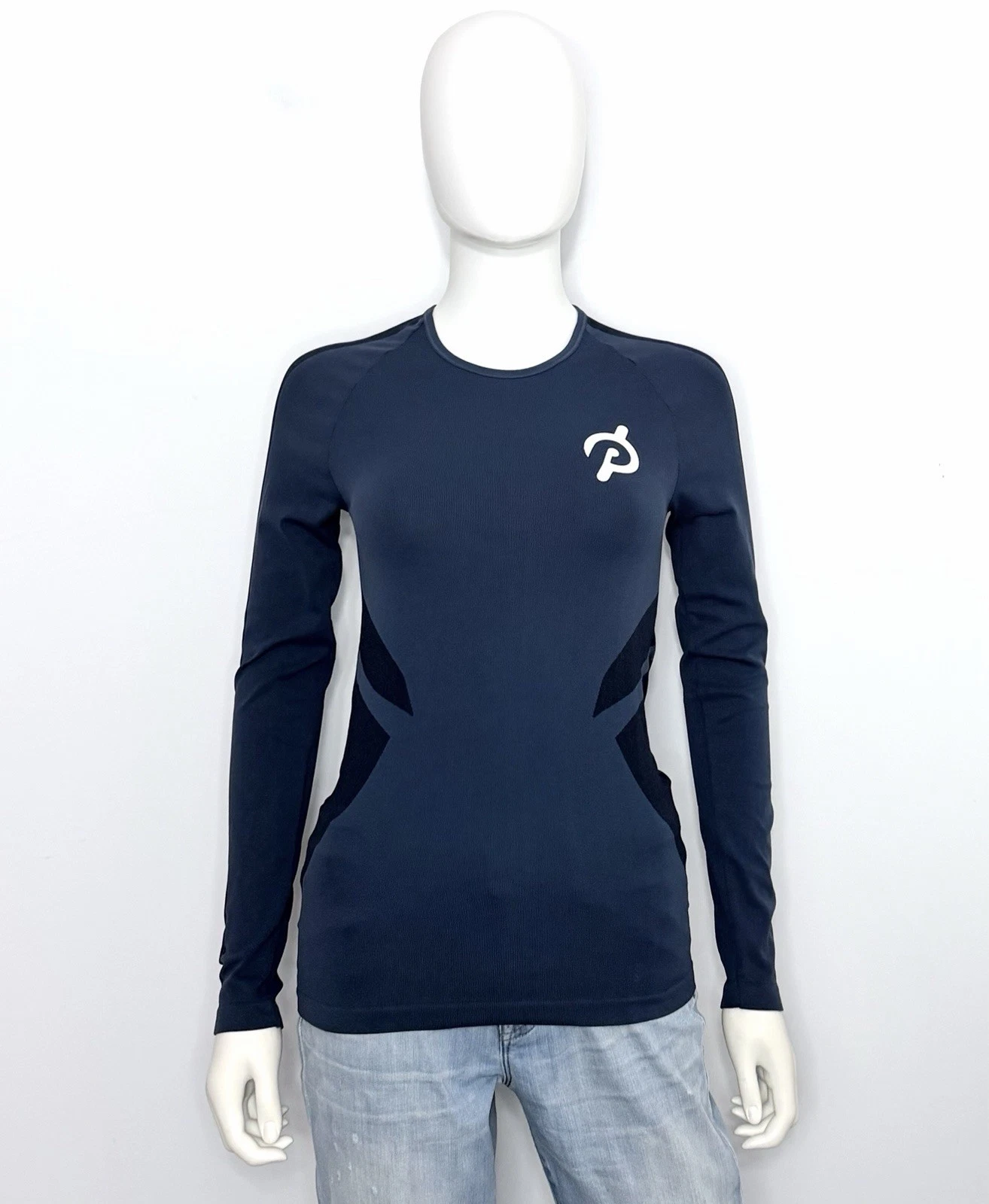 Peloton Seamless Top Womens M Navy Teal Long Sleeve T Shirt Crew Neck Logo