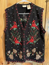 Bobbie Brooks Women's Sz L Vest Cardinal Pinecones Sweater Bird Christmas READ