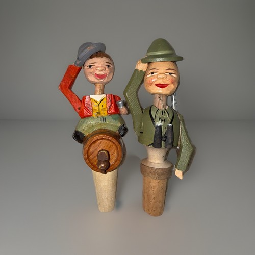Vtg Anri HandcarvedMenMoveable Wine Bottle Cork Stoppers! Bundle Of 2! GUC! 5.5”