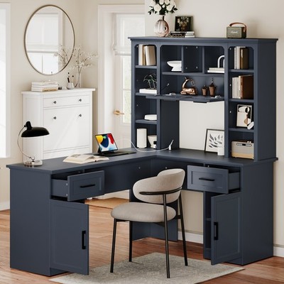 L-Shaped Computer Desk with 2 Cabinets and 2 Drawers, 11 Open Shelves for Study