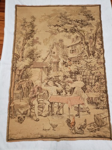 Antique LARGE 55.5" x 37.5" French Tapestry Jacquard Woven Country Cottage Inn 