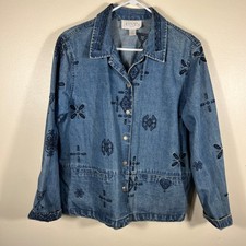 ANNEX Petite Denim Jacket Women Medium Blue Embroidered Beaded Button Up Casual