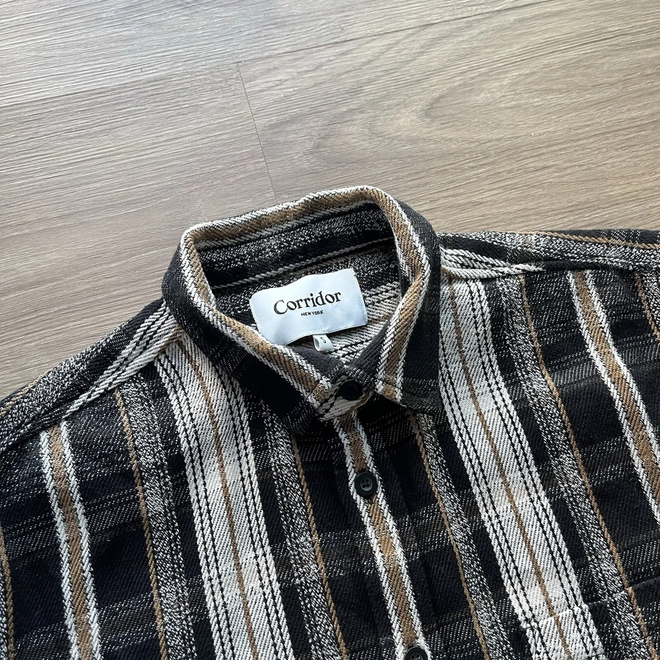 Corridor NYC Heavyweight Vintage Twill Flannel Shirt Black/Mustard Plaid Size S - Image 3 of 4