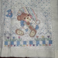 Vtg Riegel Baby Crib Blanket White Satin Trim Teddy Bear In Pjs  Hearts 41"