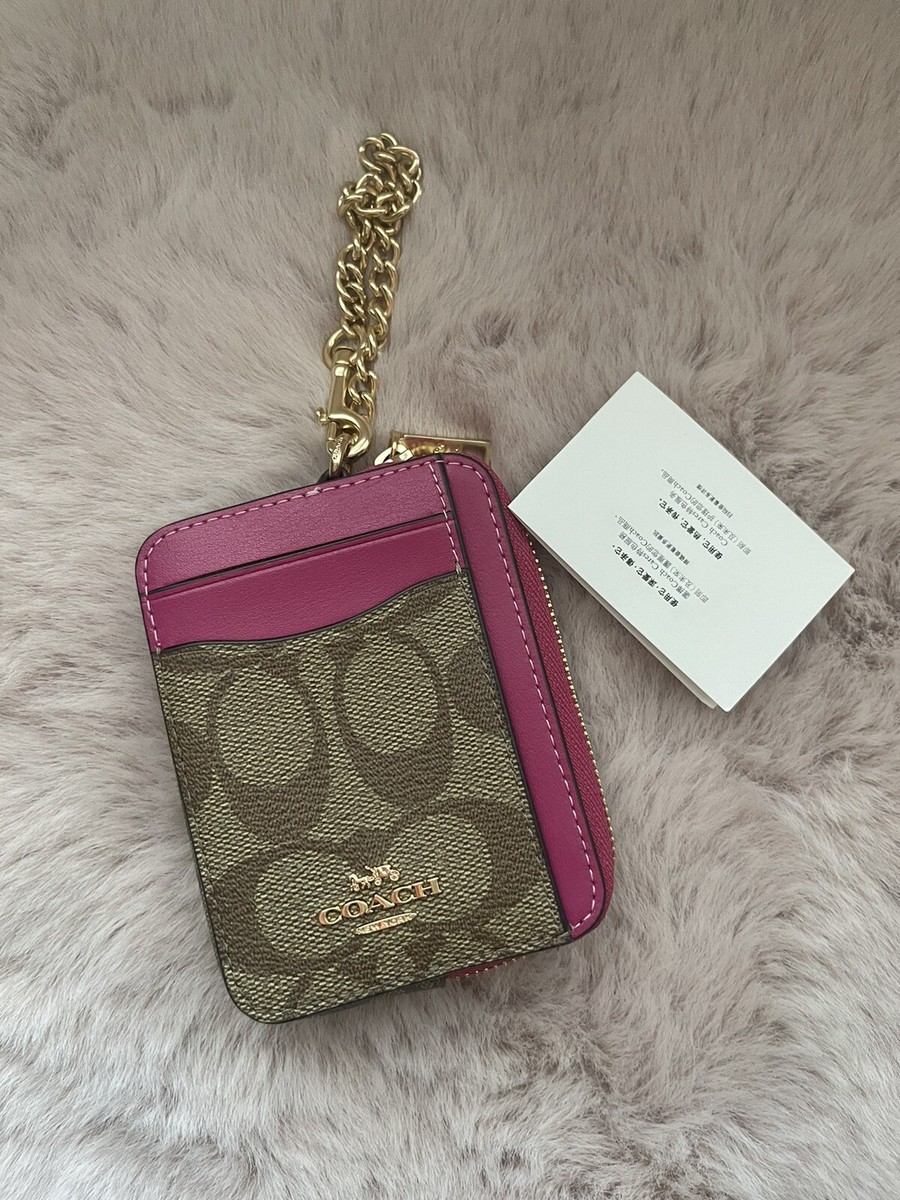 Coach - Zip Card Case - Khaki Signature Canvas / Cerise leather