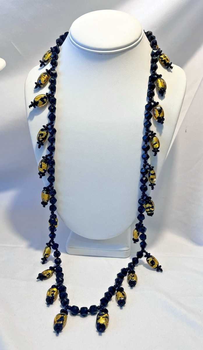 Vintage Czech Glass Gold Foil Oval Beaded Necklace 36" Vibrant & Stunning View 5