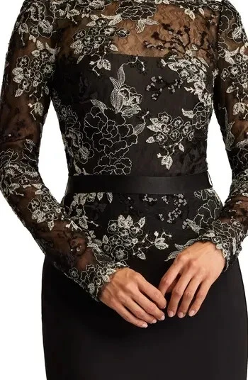 Tadashi Shoji Black Silver Floral Lace Embroidery Long Sleeve Gown Size 4 $478 - Image 4 of 4