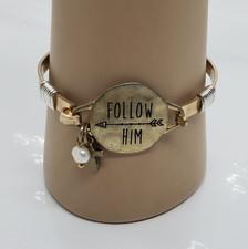 Gold Tone Follow Him Bracelet Side Opening Cross Pearl Charms Religious 6.5"
