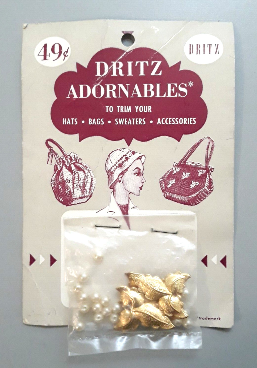 Vtg 1953 DRITZ ADORNABLES No 6295 Gold Leaves and Pearls Trim Sewing Hats Bags