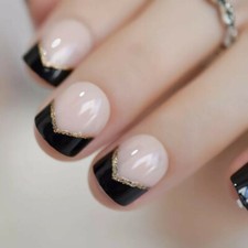 24 Short Black tip french Glitter Press On Nails w glue