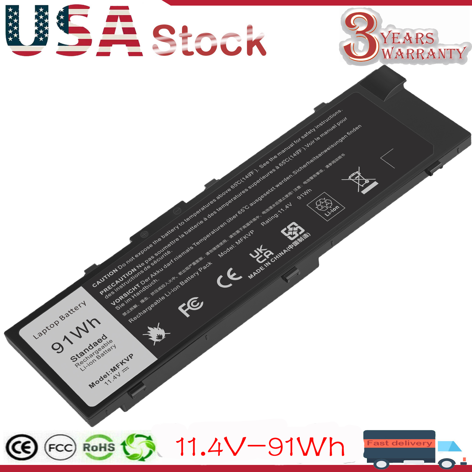 91Wh MFKVP Laptop Battery For Dell Precision 7520 7510 7720 7710 RDYCT