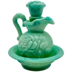 Vintage Avon Green Jadeite Swirl Milk Glass Rose Mini Bowl Pitcher Stopper Set