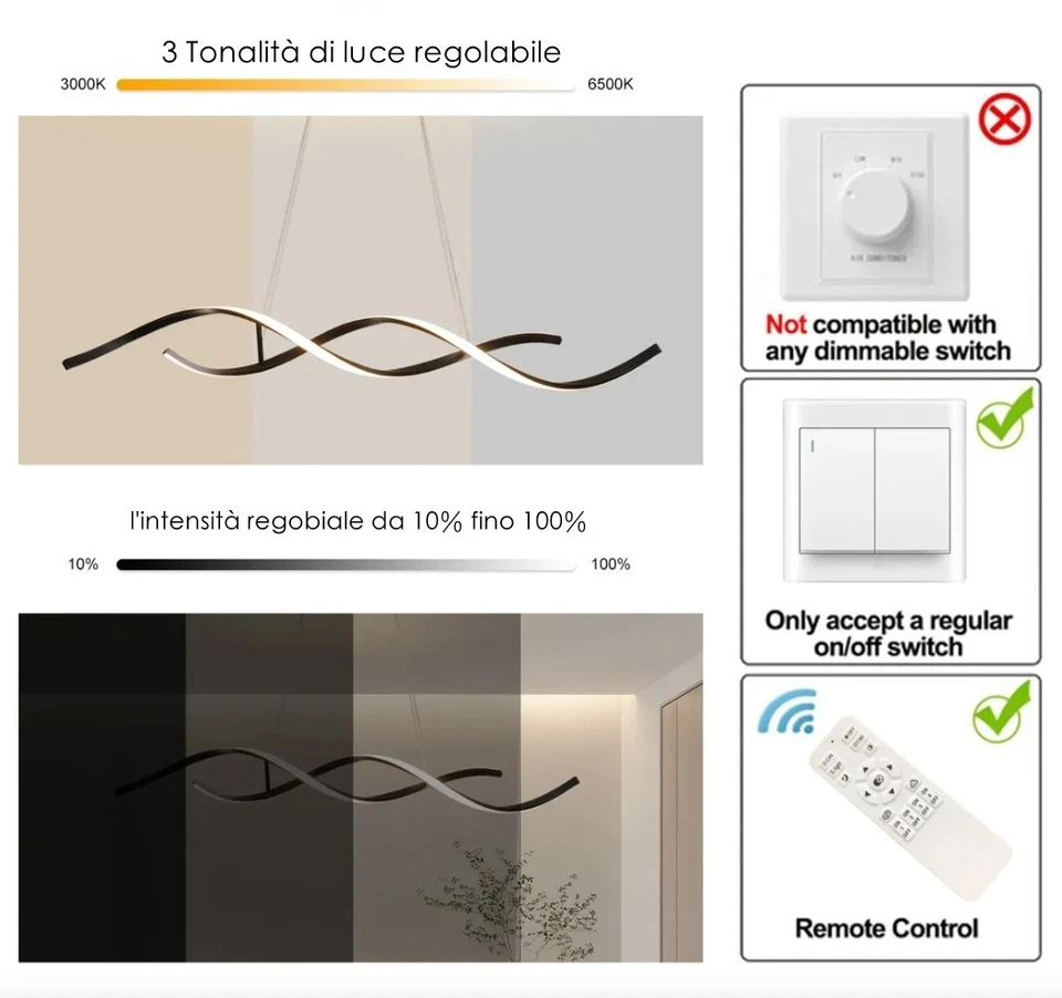 Lampadario a Sospensione LED Design Spirale Bianco Nero Dimmerabile Interno IP20 - Immagine 3 di 4