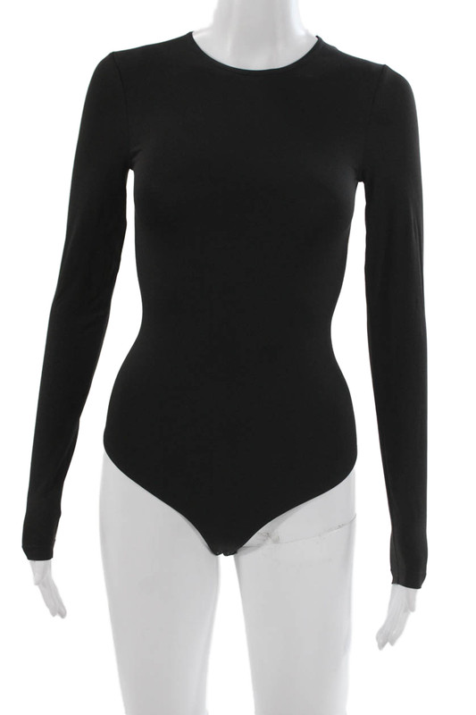 Wolford Womens Black Abstract Long Sleeve Round Neck Bodysuit Size XS