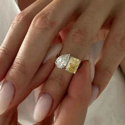 4Ct. Ring Yellow Radiant White Pear Lab Created Diamond 14K White Gold Finish