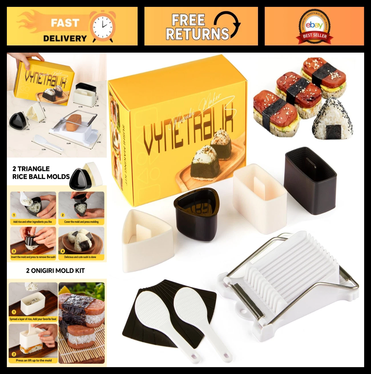 Musubi Press Mold Kit - 2 Musubi Makers, Onigiri Molds, Rice Paddles & Temaki Ro