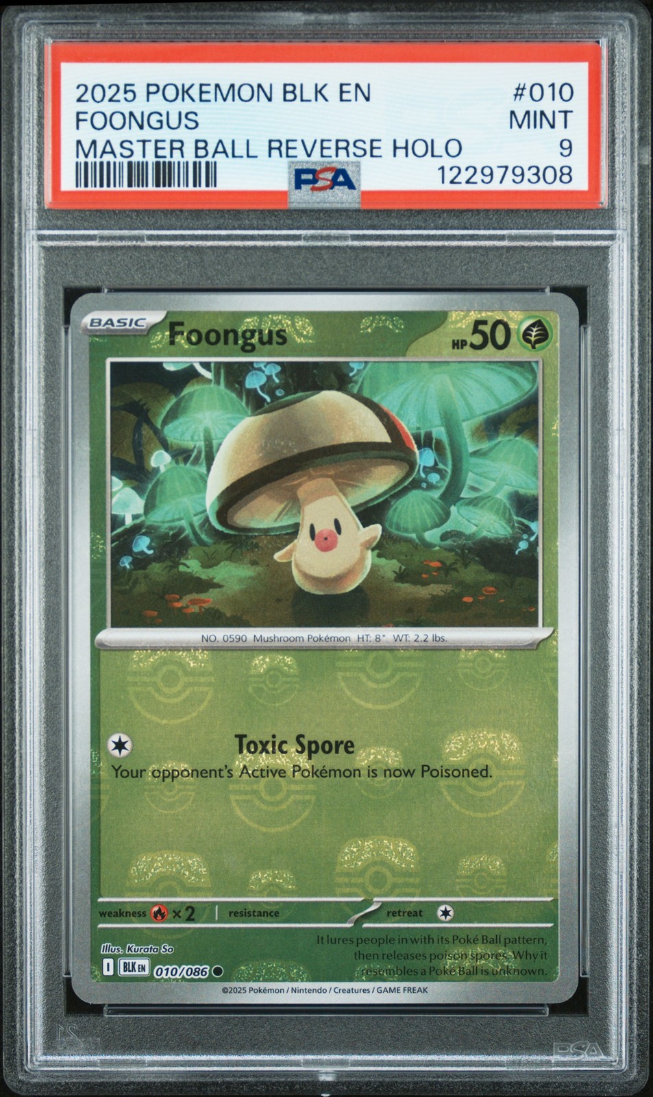 2025 POKEMON BLK EN-BLACK BOLT MASTER BALL REVERSE HOLO #010 FOONGUS PSA 9