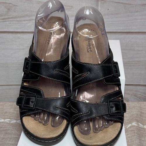 Clarks Collection Black Leather Wedge Sandals Ultimate Comfort Buckle 9M