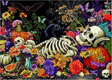 Halloween Skeleton Black Cat Flowers Jigsaw Puzzles 1000 Pieces Goth Art