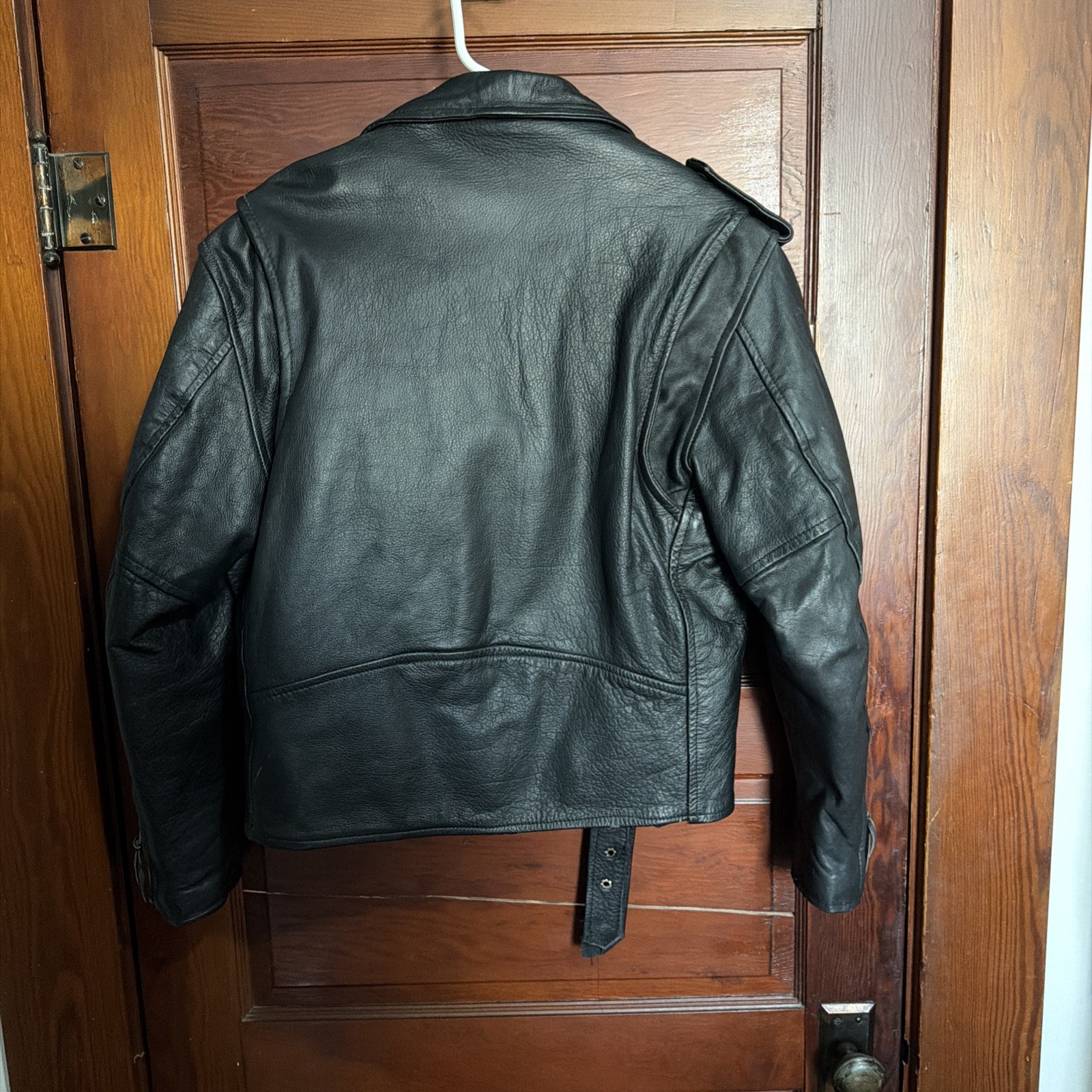 First Gear Leather Biker Jacket Size 42 Black Motorcycle Zip Belt Excellent
