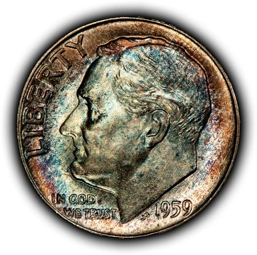1959 10c Silver Roosevelt Dime - Colorful Canvas Bag Toning - BU - SKU-Z6348