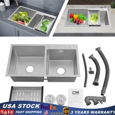 Double Bowl Composite Drop-in Kitchen Sink 2 Bowl Set Stainless Steel