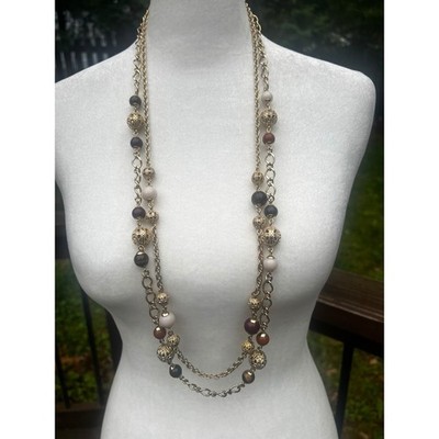 Talbots Gold Tone Layered Bead Necklace Vtg Style Preppy Earth Tones 36'' Toggle